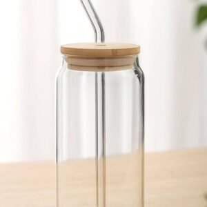 Ice Coffee Sipper Juice Drinks Glass Can Mug with Steel/Glass Straw for Milk/Coffee/Green Tea Cup Set of 1-540ml Transparent Shape Cup (Pack of 1) (Wooden Florida Can 1)
